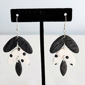 SB Handmade 3-Tier Polymer Clay Black & White Spot Animal Print Sparkle Earrings